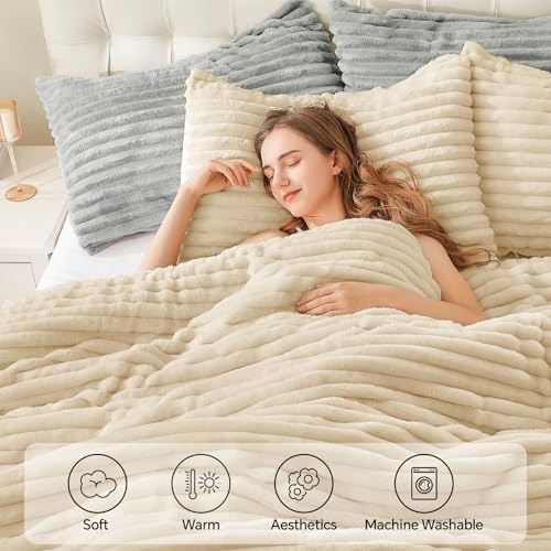 BEDELITE Fleece Queen Comforter Set, Fluffy Bed Set, Beige