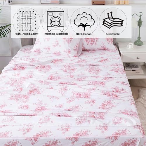 FADFAY California King Sheets Set 100% Cotton Pink Rose Floral Bed Sheet, Coquette Cottagecore Bedding for Girls Women, Soft Crisp & Breathable Luxury Shabby Vintage Deep Pocket Fitted Sheet, 4Pc