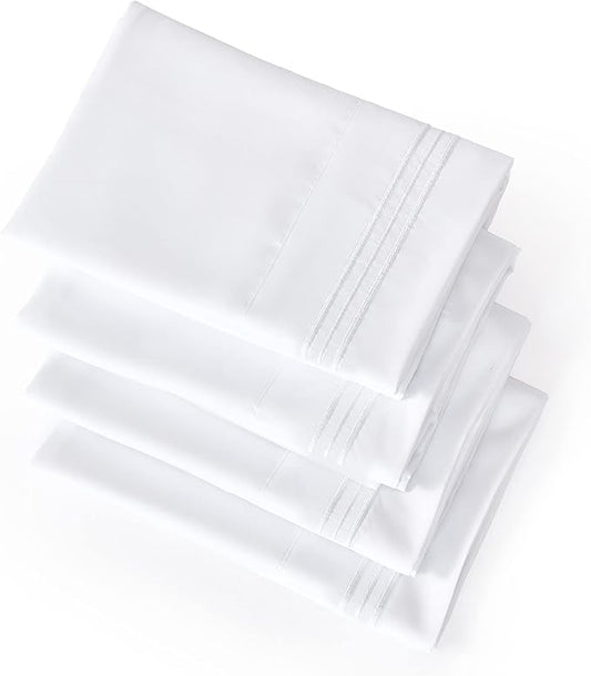 YIYEA Pillow Cases Standard Size Set of 4, Ultra Soft 1800TC Hotel Quality Double Brushed Microfiber Embroidered Pillowcases, Envelope Closure, Fade Resistant (20"x26", White)
