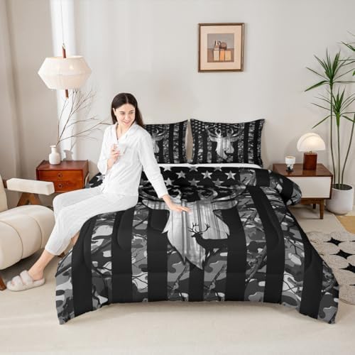 Manfei Deer Antlers Silhouette Comforter Set Twin,Camouflage American Flag Bedding Set, Wild Animal Natural Quilt Set 2 Pcs for Kids Teens Adults Room Decor,Black Grey Duvet Insert with 1 Pillowcase
