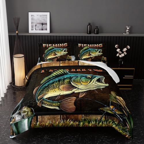 Nttopship Big Pike Fish Bedding, Bass Fishing Comforter Set Hunting and Fishing Brown Green Bedding Set Themed Comforter Set for Kids Boys Room Decor, Twin Bed in a Bag for Teens with 2 Pillowcases