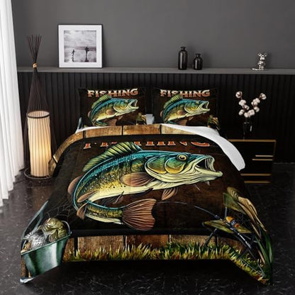 Nttopship Big Pike Fish Bedding, Bass Fishing Comforter Set Hunting and Fishing Brown Green Bedding Set Themed Comforter Set for Kids Boys Room Decor, Twin Bed in a Bag for Teens with 2 Pillowcases