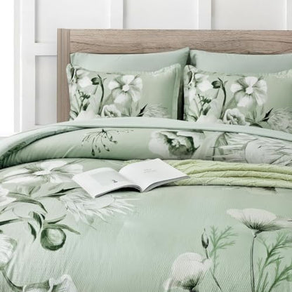 Luxudecor Floral Comforter Set King Size 7 Piece, Sage Green Flower Bed in a Bag, Elegant Floral Comforter Bed Set with Sheet Set, Soft Microfiber Bedding Set for All Season (104"x90")