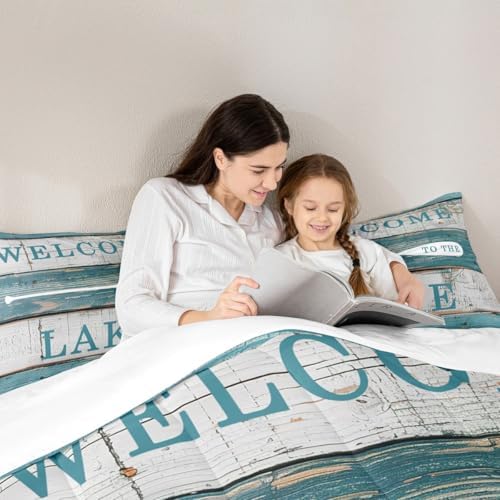Lake House Comforter Set Full Size, Rustic Cabin Farmhouse Style Bedding Set 3pcs, Blue Grey Wooden Plank Down Comforter for Women Adults Room Decor, Country Lake Life Luxury Bed Set for All Season