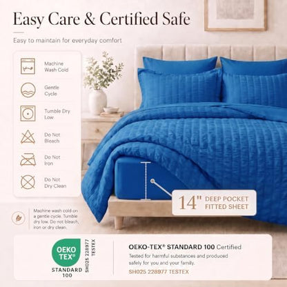 CozyLux King Comforter Set, 7 Pieces Classic Blue Seersucker Bed in a Bag