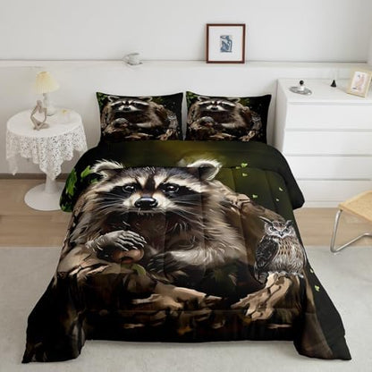 Feelyou Cute Raccoon Comforter Set Full Size 3 Pieces for Girls Boys