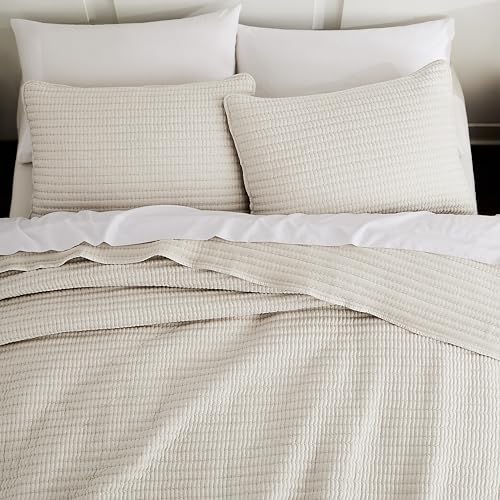 WDCOZY Beige Queen Size Pick Stitch Quilt Set, 3 Pieces 90x90 inches