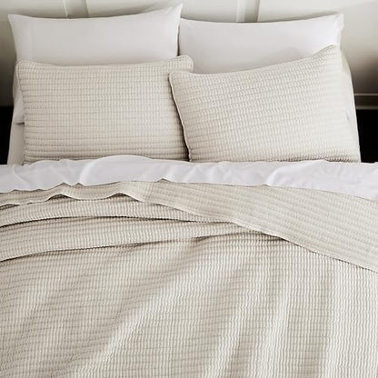 WDCOZY Beige King Size Pick Stitch Quilt Set, 3 Pieces 104x90 inches