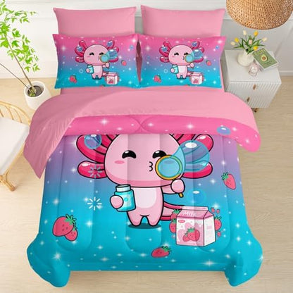 QOOMO Axolotl 7 Pieces Comforter Set Queen,Salamander Bedding Set for Kids