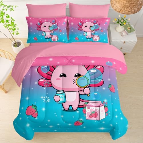 QOOMO Axolotl 7 Pieces Comforter Set Twin,Salamander Bedding Set for Kids