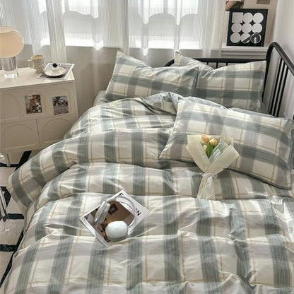 mixinni Green Grid Duvet Cover Set Twin - Vintage Buffalo Plaid Bedding Set-Green &Yellow&Beige, Soft Cotton Geometric Checkered Bedding Set with 2 Pillowcases for Boys, Girls, Teens