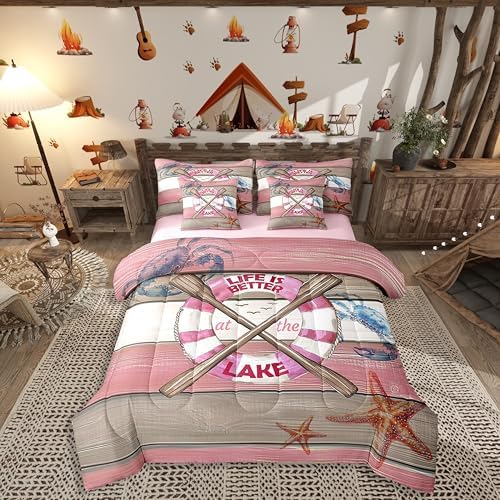 Erosebridal Lake Life Bedding Set for Kids Teens,Summer Boat Paddle Comforter Set King Size,Crab Starfish (Comforter+Fitted+Flat Sheet+2 Pillowcases+2 Throw Pillow Covers) 7 Pieces Bed Set
