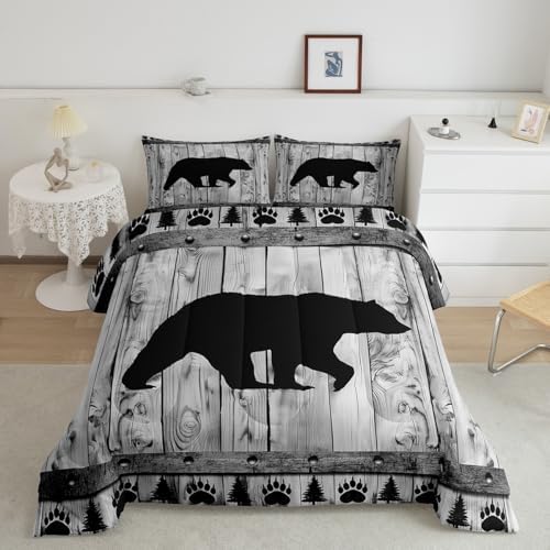 Bear Comforter Set King Size,Rustic Farmhouse Wood Cabin Bedding Set,Wildlife Hunting Quilt Set for Kids Boys Girls Teens Room Decor,Grey Black Pine Trees Pattern Duvet Insert,2 Pillowcases