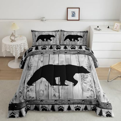 Bear Comforter Set King Size,Rustic Farmhouse Wood Cabin Bedding Set,Wildlife Hunting Quilt Set for Kids Boys Girls Teens Room Decor,Grey Black Pine Trees Pattern Duvet Insert,2 Pillowcases