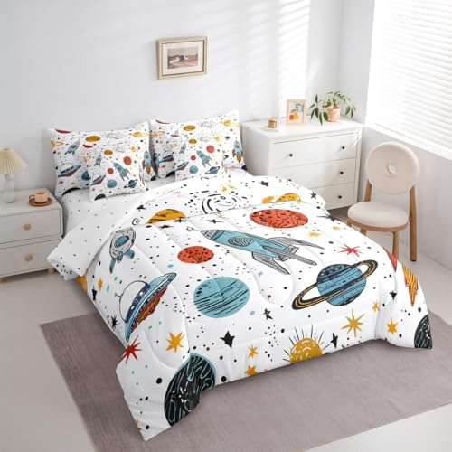 Erosebridal Outer Space Rocket 7 Piece Bedding Set Full Galaxy Comforter Set with Sheets Kids Boys Cartoon Bed in A Bag Universe Starry Sky Cosmos Bed Sets with 2 Pillowcases, 2 Throw Pillow Covers