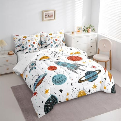 Erosebridal Outer Space Rocket 7 Piece Bedding Set Full Galaxy Comforter Set with Sheets Kids Boys Cartoon Bed in A Bag Universe Starry Sky Cosmos Bed Sets with 2 Pillowcases, 2 Throw Pillow Covers