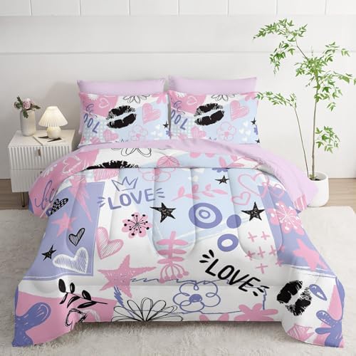 7Pcs Comforter Set Pink Purple Graffiti Stars Hearts Printed Bedding Set with 1 Comforter,1 Flat Sheet,1 Fitted Sheet and 4 Pillowcases Bedroom All Season(Queen)