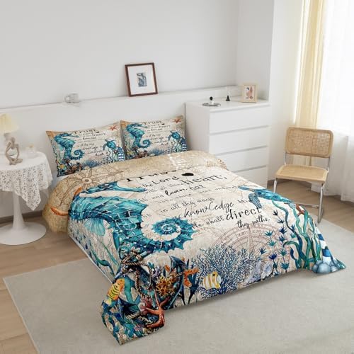 Homewish Seahorse Turtle Comforter Set Queen Size,Nautical Anchor Lighthouse Bedding Sets for Kids Girls Boys Teens Room Decor,Ocean Animals Quilt Set Vintage Bible Quotes Duvet Insert,2 Pillowcases