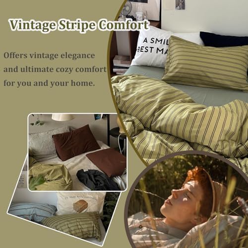 mixinni Vintage Stripes Duvet Cover Set King - 3-Piece Mid-Century Cotton Olive & Taupe Striped Bedding, Soft Breathable All-Season Comforter Cover with Zipper Closure & Corner Ties-King Size
