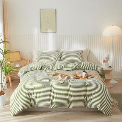mixinni Striped Comforter Set Full Size - Green White Stripes Pattern Bed Set for All Season, 3 Pieces Lightweight Bedding Sets for All Seasons (1 Soft Fluffy Comforter + 2 Pillowcases)