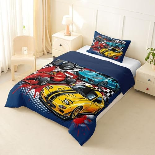 Feelyou Boys Race Car Bedding Set Soft for Boys Girls, Speed Sports Car Comforter Set Toddler Size Extreme Sports Duvet Quilt Microfiber Automobile Bedroom Decor 2 Pcs with 1 Pillow Cases