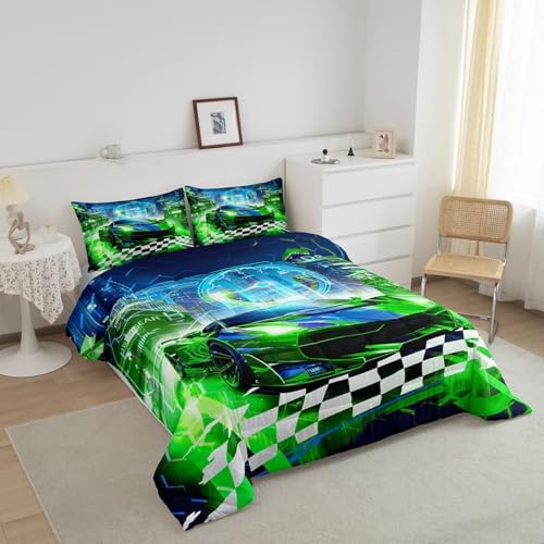 Feelyou Boys Green Race Car King Size Bedding Set Kids Racing Car Decor Comforter Extreme Sports Car Comforter Set for Teens Honeycomb Grid Car Comforter Quilt Set Car Room Decorations