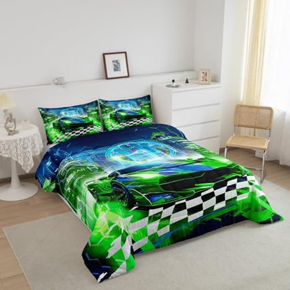 Feelyou Boys Green Race Car King Size Bedding Set Kids Racing Car Decor Comforter Extreme Sports Car Comforter Set for Teens Honeycomb Grid Car Comforter Quilt Set Car Room Decorations