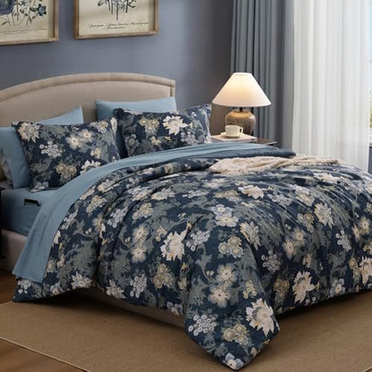 BLOOMHAVEN King Size Comforter Set-7 Pieces Blue Floral Bed in a Bag King