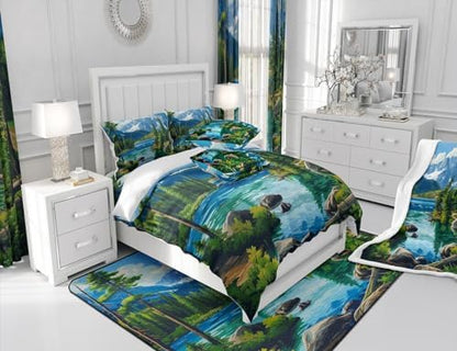 Woodland Comforter Set Full Size,Lake House Rustic Style Duvet Insert for Kids Teens Adults Room Decor,Camping Adventure Retro Bedding Set 3Pcs,Woodland Mountain River Scenery Quilt Set,2 Pillowcases