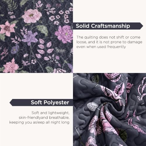 Litanika Floral Dark Purple Quilt - 3Pcs Botanical Birds Pattren Bed Set