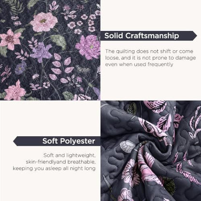 Litanika Floral Dark Purple Quilt - 3Pcs Botanical Birds Pattren Bed Set