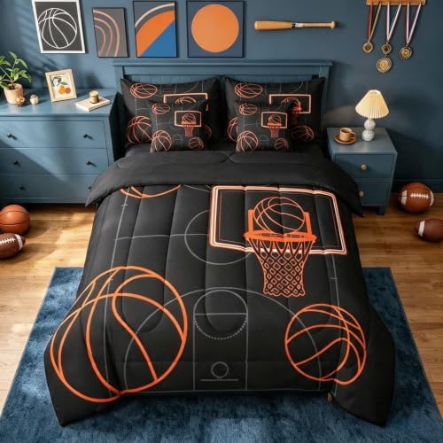 Erosebridal Basketball Games Boys Kids Comforter Set Queen Size 7 Pieces | Gaming Ball Pattern Bed in A Bag Sports Theme Bed Set Black Orange Bedding