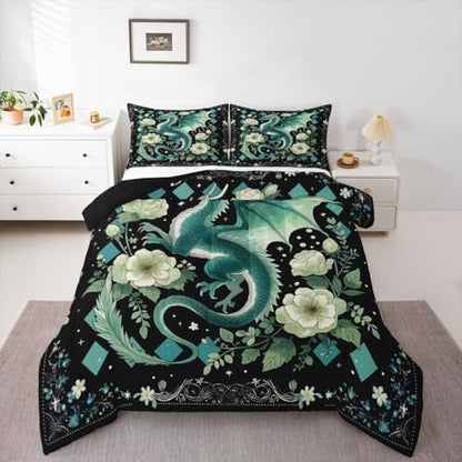 Feelyou Dragon Bedding Set Soft for Boys Girls, Magical Beast Comforter Set Full Size Jungle Dragon Duvet Quilt Microfiber Wild Animal Bedroom Decor Fantasy Animal 3 Pcs with 2 Pillow Cases