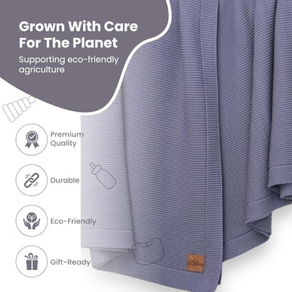 Dalisa 100% Organic Turkish Cotton Throw Blanket - GOTS Certified, Cozy - Perfect for Couch, Bed, and Home Decor - Boho Vintage Knit Alina (Grey Blue, 60x80)