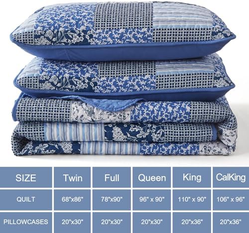 Mybedsoul Blue Quilt Set Twin Size Dorm Bedding, Patchwork Bedding Set