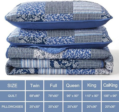Mybedsoul Blue Quilt Set Twin Size Dorm Bedding, Patchwork Bedding Set