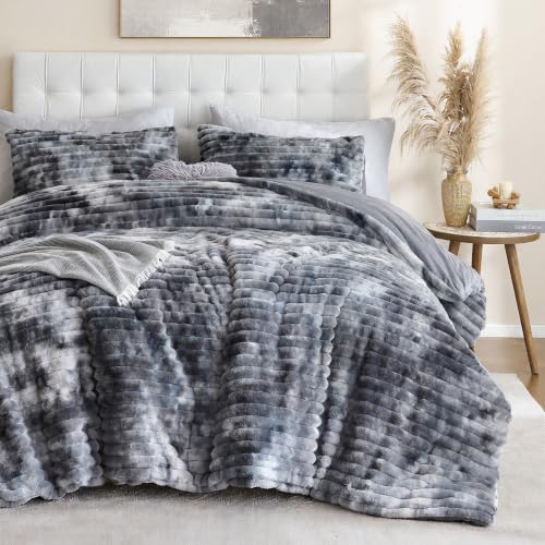 Smoofy Fluffy Twin Size Comforter 2 PCS - Tie Dye Black Fleece Bedding Set