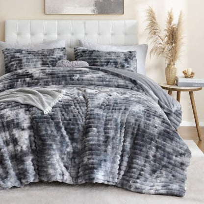 Smoofy Fluffy Twin Size Comforter 2 PCS - Tie Dye Black Fleece Bedding Set