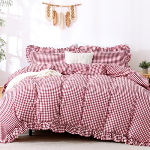ATsense Red Gingham Ruffle Duvet Cover Set Cotton Like Linen, Queen