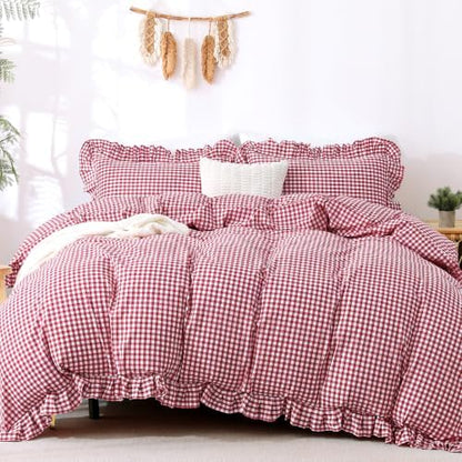 ATsense Red Gingham Ruffle Duvet Cover Set Cotton Like Linen, Queen