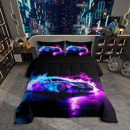 Toddler Comforter Set Boys Room Decor,Cars Bedding Cars Birthday Decorations,Purple Blue Race Car Comforter,Cool Racing Car Duvet Insert for Boys,Extreme Sports Car Gaming for Men Adults,Soft Cozy
