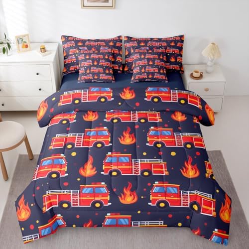 Erosebridal Boys Fire Truck Comforter Set with Sheets King, Cartoon Red Firemen Car Bed in A Bag for Kids Teens Men Room Decor, Dark Blue 7 Pcs Bedding Set, Fire Engine Polka Dots Bed Sets