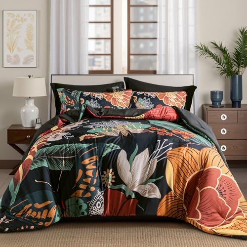 Tyrot Black Boho Floral King Comforter Set - 3 Piece Vintage Botanical Bedding Comforter Sets for All Season Soft Lightweight Mid Century Modern Bed Set, (1 Reversible Comforter and 2 Pillow Shams