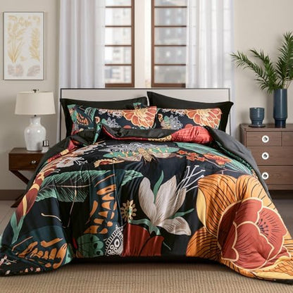Tyrot Black Boho Floral King Comforter Set - 3 Piece Vintage Botanical Bedding Comforter Sets for All Season Soft Lightweight Mid Century Modern Bed Set, (1 Reversible Comforter and 2 Pillow Shams