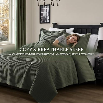 WDCOZY Olive Green Twin Size Quilt Set, Striped Pick Stitch Bedspread