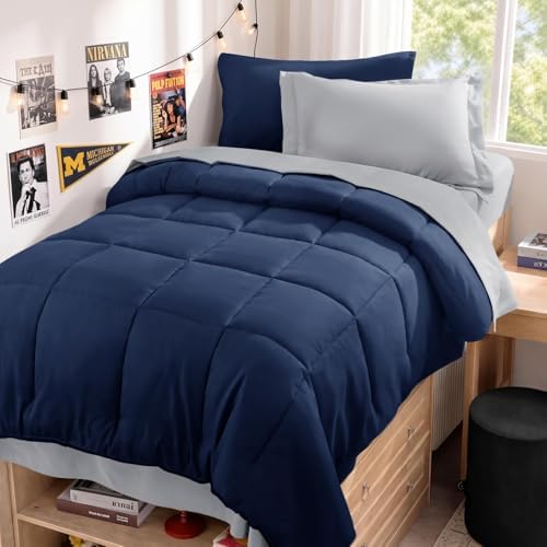 JOLLYVOGUE Twin XL Comforter Set, Ultra-Soft Bed in a Bag Twin XL Size 5 Pieces, Oeko-TEX Certified Bedding Set with Down Alternative Comforter, Sheets, Pillowcases & Shams, Navy Blue & Light Grey