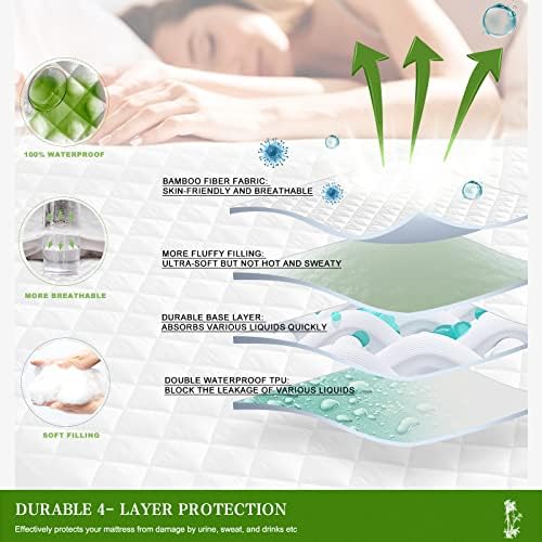 UNILIBRA Queen Mattress Pad Waterproof Rayon Made from Bamboo, Fitted Deep Pocket Mattress Cover fits 6''-25'', Breathable Quilted Mattress Protector, White