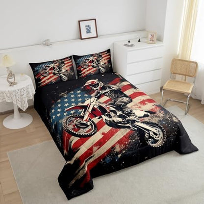 Feelyou Racing Motocross Rider Bedding Set Kids Boys Girls King Size Dirt Bike Comforter Set Teen AdultFlag Pattern Comforter Extreme Sports Duvet Quilt Bedroom Decor Motorcycle Racer Quilt