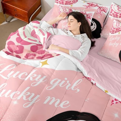 Erosebridal Girls Leopard Bow 7 Piece Bedding Set Twin,Pink Fashion Y2K Preppy Comforter Set Cheetah Print Lucky 8 Ball Bed in A Bag with Sheets for Kids Teen Adults,Girly Coquette Bowknot Bed Set