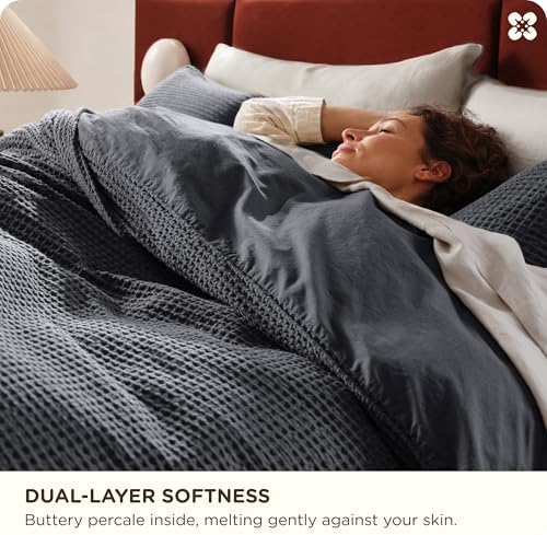 Bedsure PureWoven 3 Pieces 100% Cotton Waffle Weave Duvet Cover Set, Queen